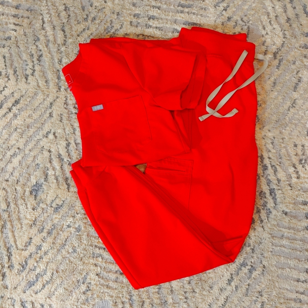 Figs neon red catarina top and zamora joggers